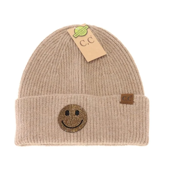 NEW! BOHO CHIC FABULOUS Rhinestone Smiley Face Cuff Beanie - Picture 3 of 4